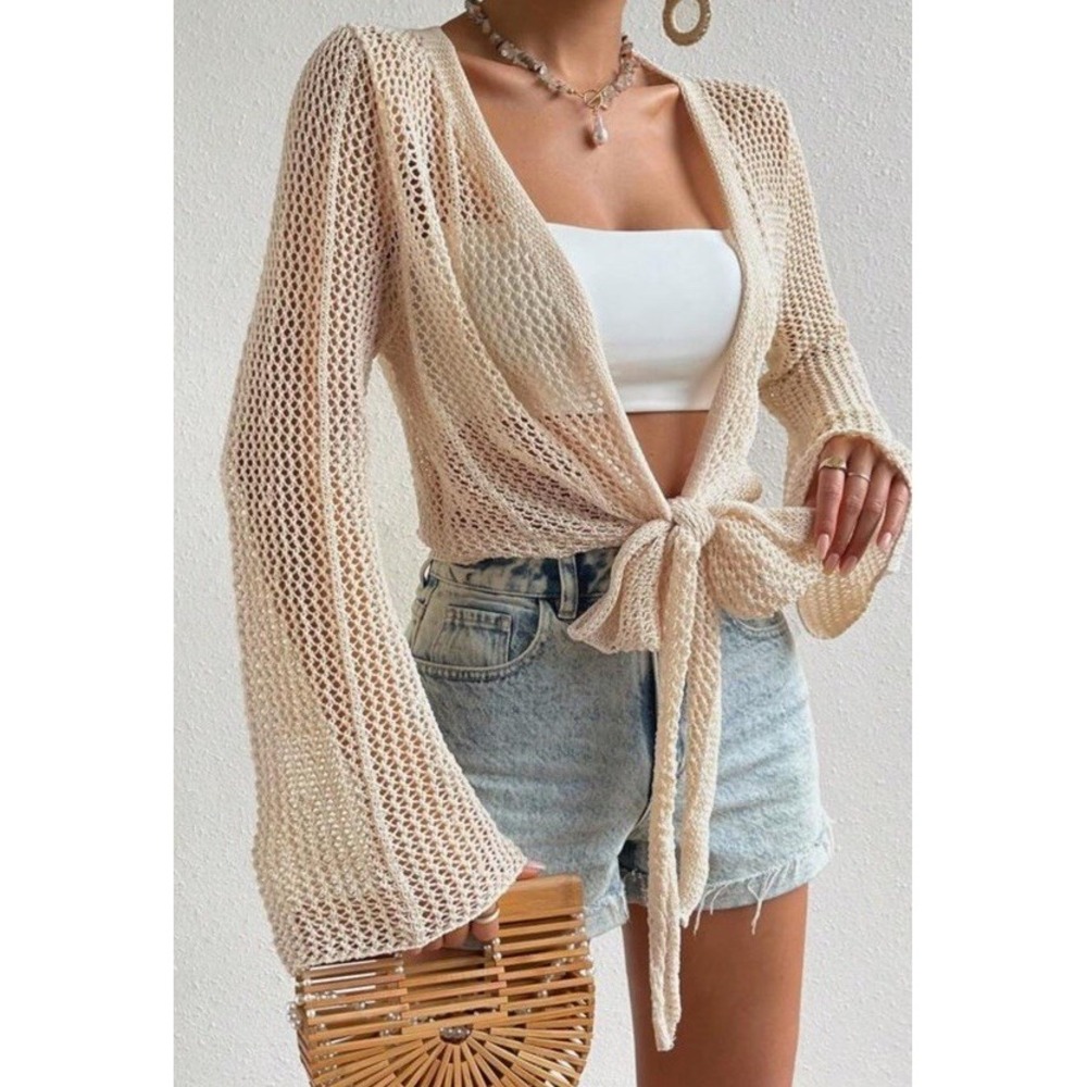 Ivory Crochet Bell Sleeve Cardigan V-Neck Front Tie Open Knit Boho Top Women XL